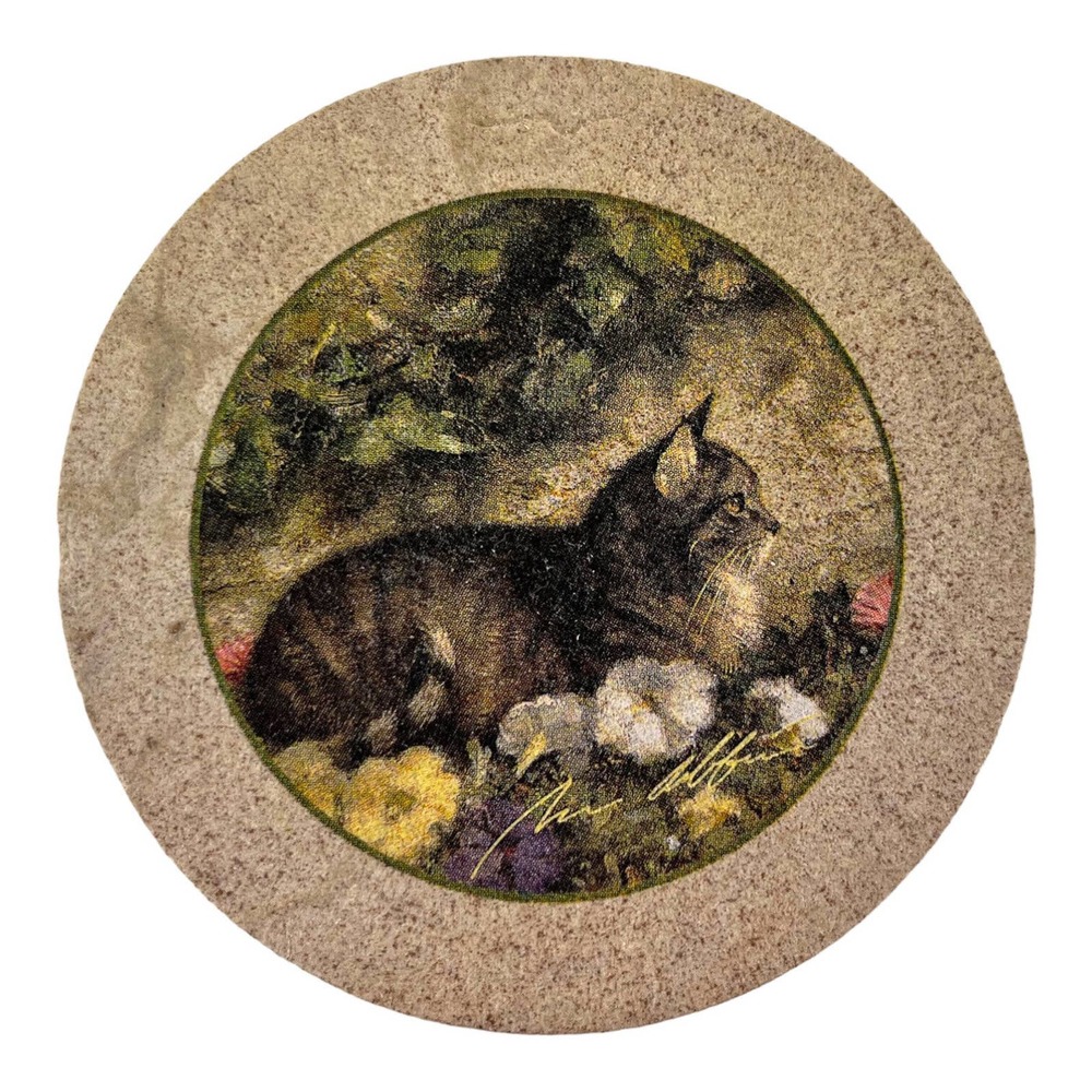 Set 4 THIRSTY STONE Natural Sandstone Coasters Cat Resting in Garden EUC